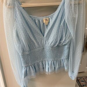 Free People Light Blue Sheer Polka Dot Top